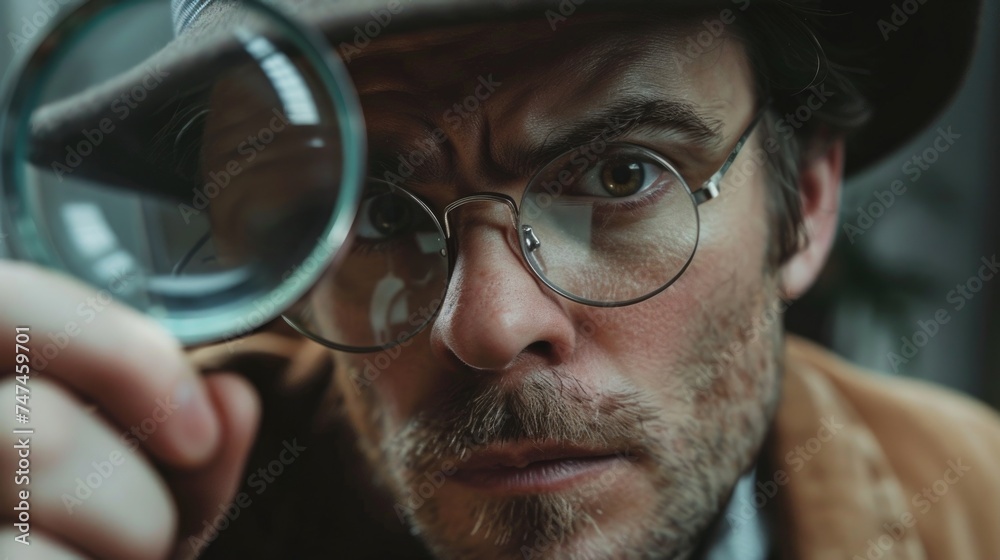 A man wearing a hat and glasses looking through a magnifying glass. Suitable for detective or investigation concepts A man wearing a hat and glasses looking through a magnifying glass. Suitable for detective or investigation concepts