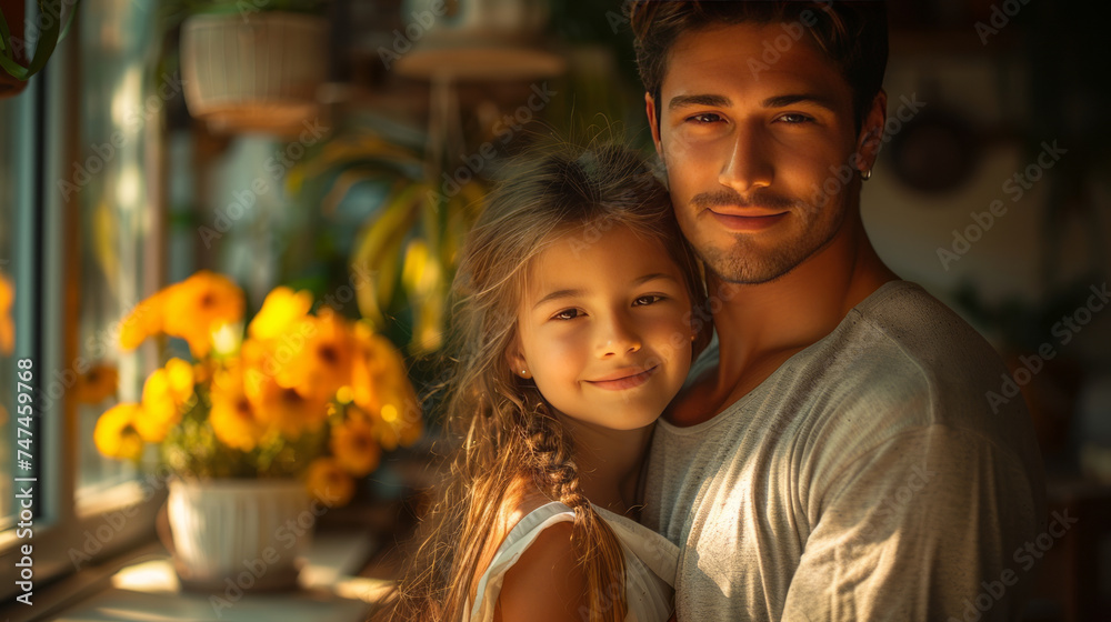 Family warmth: father, daughter embrace in kitchen, radiating love, trust, and joy, fostering a secure home.generative ai