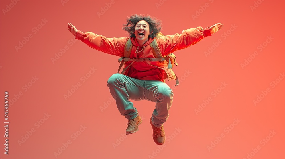 A Young Man In A Joyful Jump.  Illustration On The Theme Of Leisure And Advertising, Fun And Photography.  Generative AI 