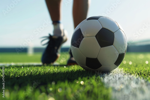 Football ball and soccer player in cleats on the sideline. A soccer ball kicked by a player on a grass pitch. Soccer background © matimix
