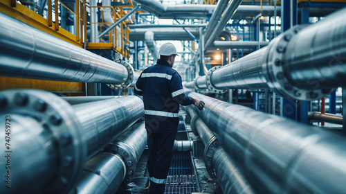 A worker in protective gear examining large pipelines at an industrial plant.