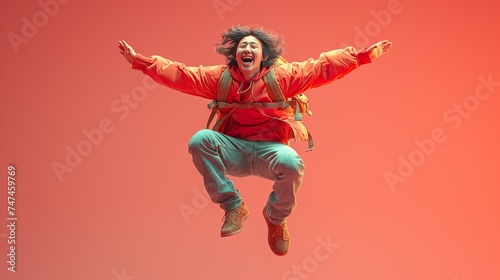 A Young Man In A Joyful Jump. Illustration On The Theme Of Leisure And Advertising, Fun And Photography. Generative AI 