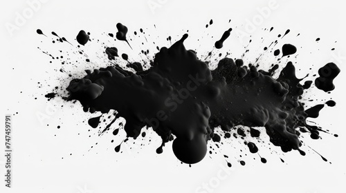 Abstract black ink splatter on a clean white background. Suitable for graphic design projects or artistic concepts