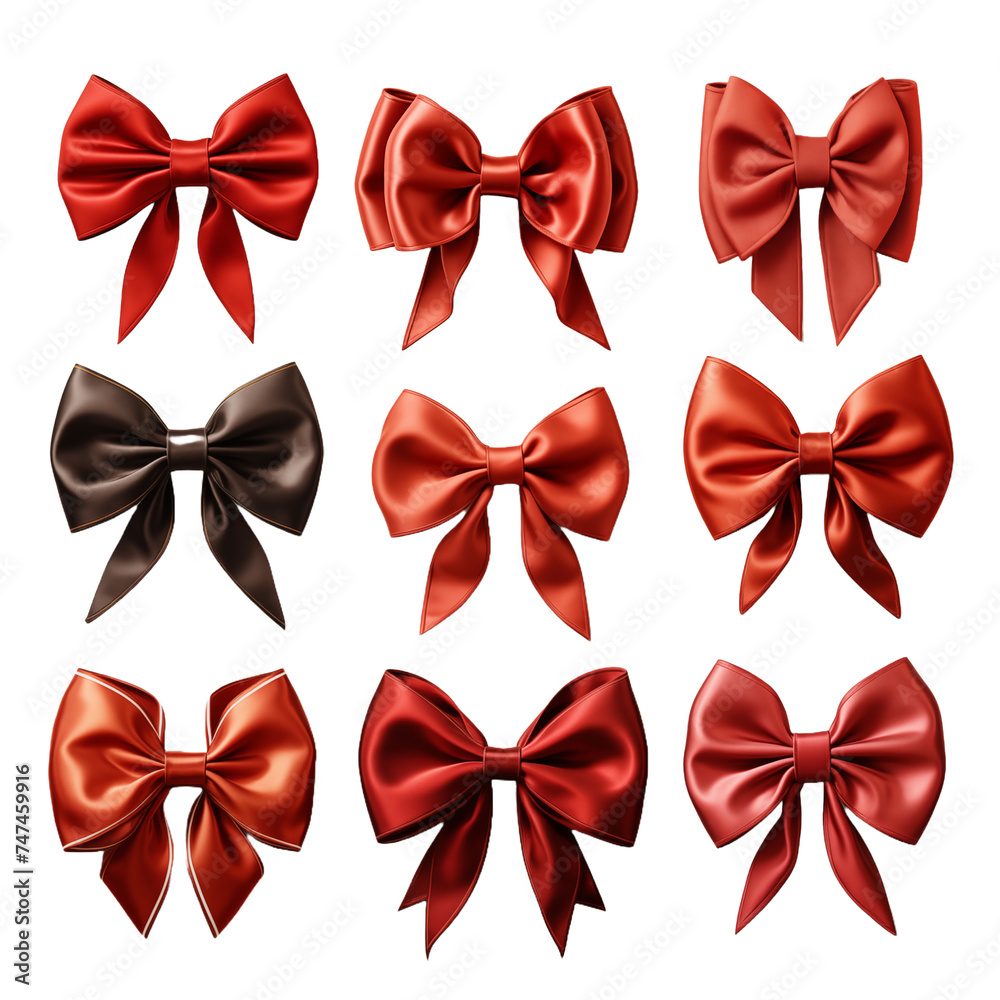 Collection of festive red bows, isolated and separated on transparent background. 