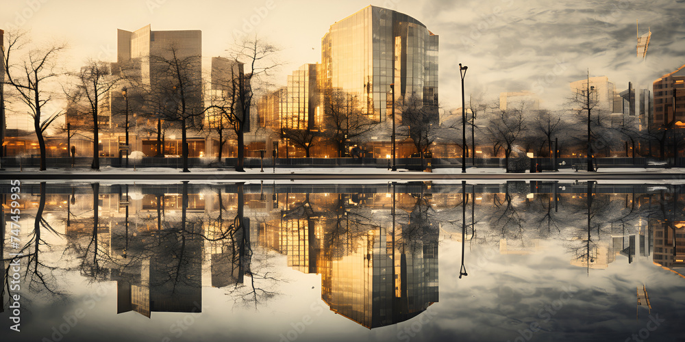 colored sunset, mirror water reflection of skyline cityscape scenery, Water reflections,  beautiful reflection during the sunset light in berlin city, Modern skyline reflects in water, Generative AI