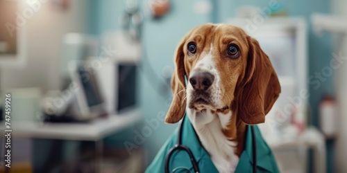 Generative AI, funny dog portrait in doctor uniform on neutral background, copy space © DELstudio