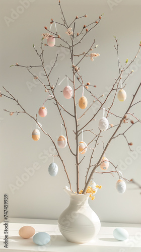 easter eggs and flowers in a vase on a white background convey the anticipation of easter with copy space  created with generative AI technology