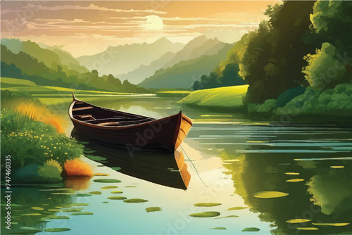 Illustration traveling boat in river  beautiful landscape  green trees  natural light  nature landscape background. Beautiful lake with a boat in mountain area. 
