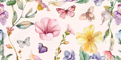 Seamless pattern, Blooming flowers with watercolor on pastel colors. Print with butterfly, dragonfly, beetle, vintage style. Hand drawn floral pattern. Botany garden