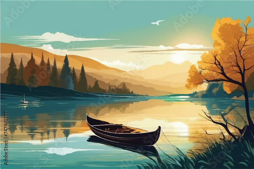 Illustration traveling boat in river, beautiful landscape, green trees, natural light, nature landscape background. Beautiful lake with a boat in mountain area.  photo
