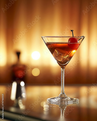 Close-up of a classic cocktail with a cherry garnish served on a bar counter  with a warm  blurred background.