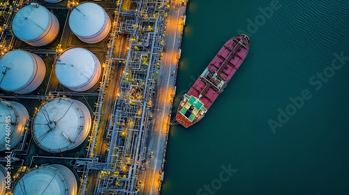 An aerial shot of an oil tanker alongside cylindrical storage tanks in a calm sea, casting shadows on the water.