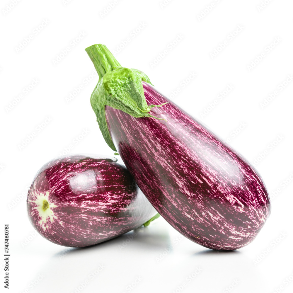 Two ripe graffiti eggplants isolated on a white background. Food concept. Two ripe graffiti eggplants isolated on a white background. Food concept.