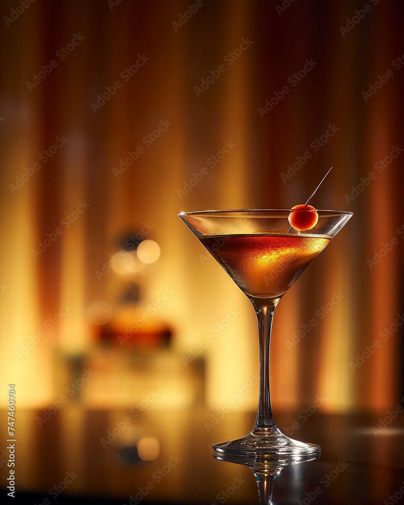 : Close-up of a classic cocktail with a cherry garnish served on a bar counter, with a warm, blurred background. : Close-up of a classic cocktail with a cherry garnish served on a bar counter, with a warm, blurred background.