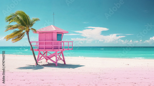 Vibrant turquoise sea, pink sand, and a lifeguard tower with a swaying palm tree on a sunny beach. photo