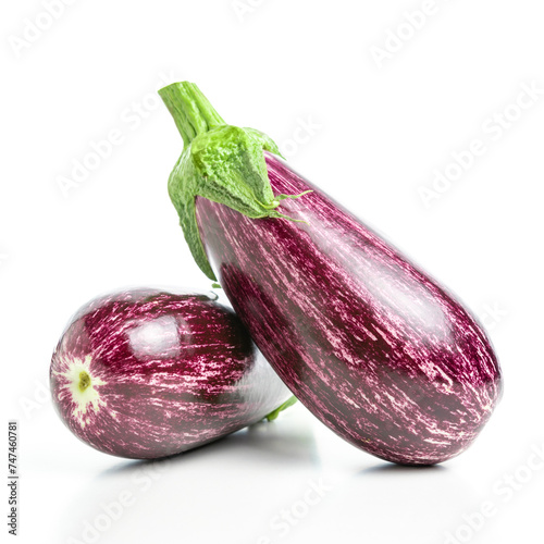 Two ripe graffiti eggplants isolated on a white background. Food concept.
