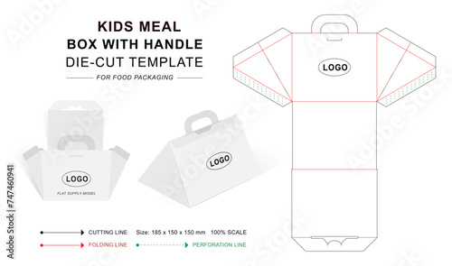 Gable meal box die cut template. Triangular 3D blank vector mockup, Handle box dieline