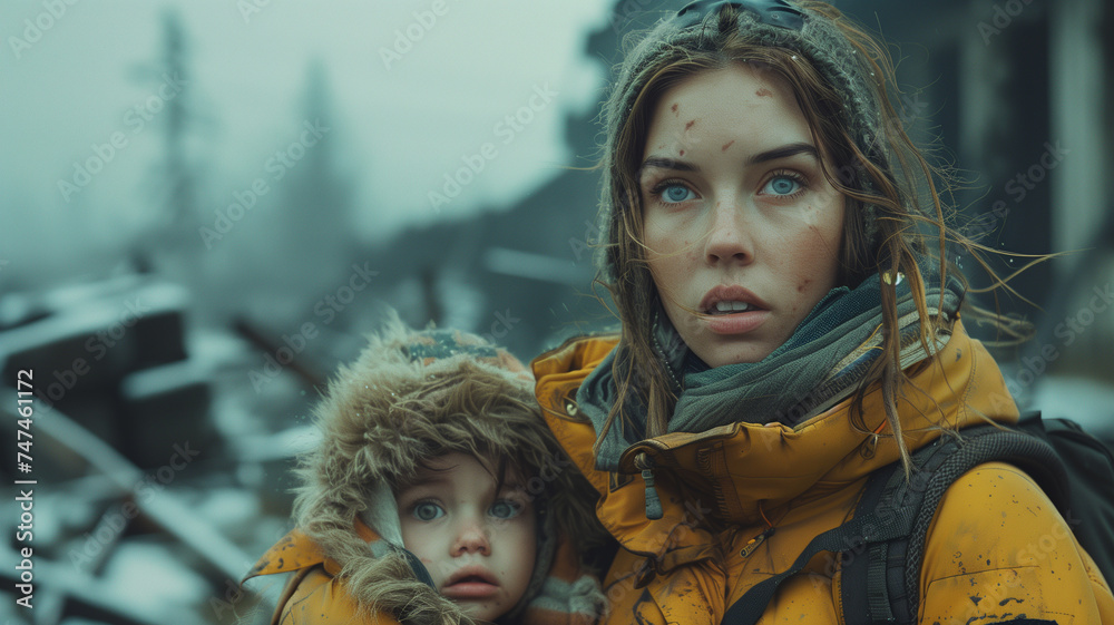 war, frightened mother with child in a destroyed city war, frightened mother with child in a destroyed city