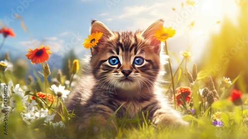 A little kitten lies in a clearing surrounded by grass and flowers on a summer afternoon. A cute pet in the nature. Illustration for cover, card, postcard, interior design, decor or print.