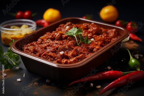 Highly detailed close-up photography of a juicy chili con carne on a plastic tray against a rustic textured paper background. AI Generation