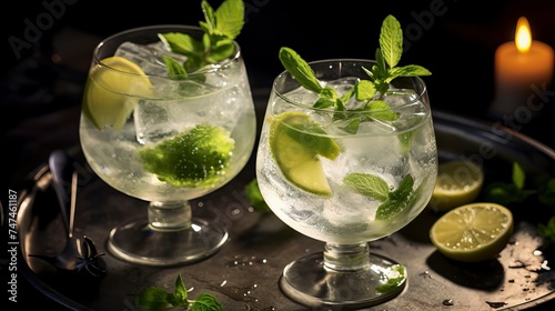 Lime and Basil Gin Tonic drinks on a Table with Beautiful Lighting
