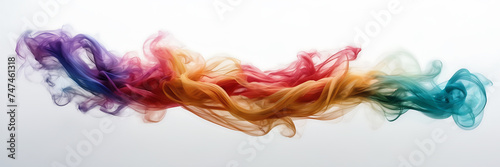 Photograph of vibrant, swirling ribbons of multicolored smoke against a stark white backdrop.