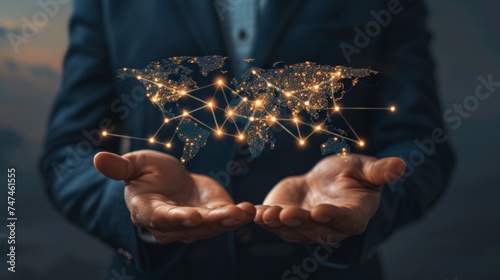 Digital technology, businessman holding Global network connection. Big data analytics and business intelligence. World map point and line composition of global business. innovation