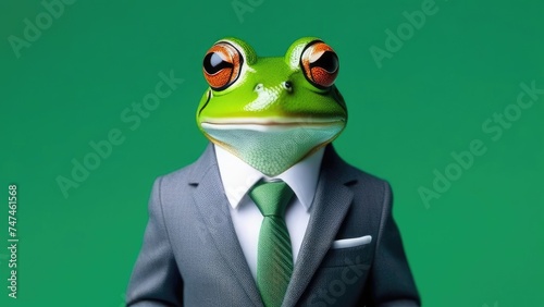Green frog in a suit on green background. Business concept.