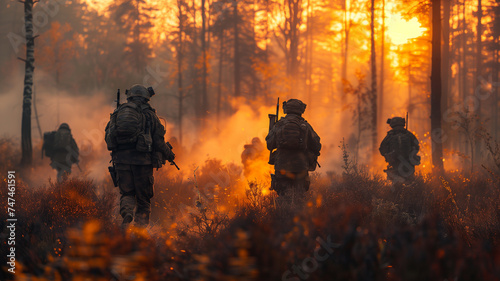 a group of soldiers moves through the forest in the morning fog