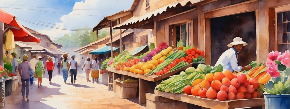 Watercolor village market with stalls of fresh produce and vibrant flowers. - obrazy, fototapety, plakaty 