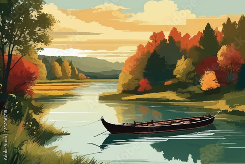 Illustration traveling boat in river  beautiful landscape  green trees  natural light  nature landscape background. Beautiful lake with a boat in mountain area. 