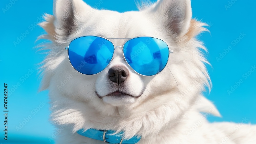 White Dog Wearing Blue Sunglasses on Beach