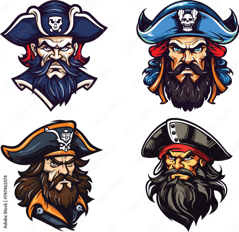 Fototapeta premium A set of pirate captain head vector illustration