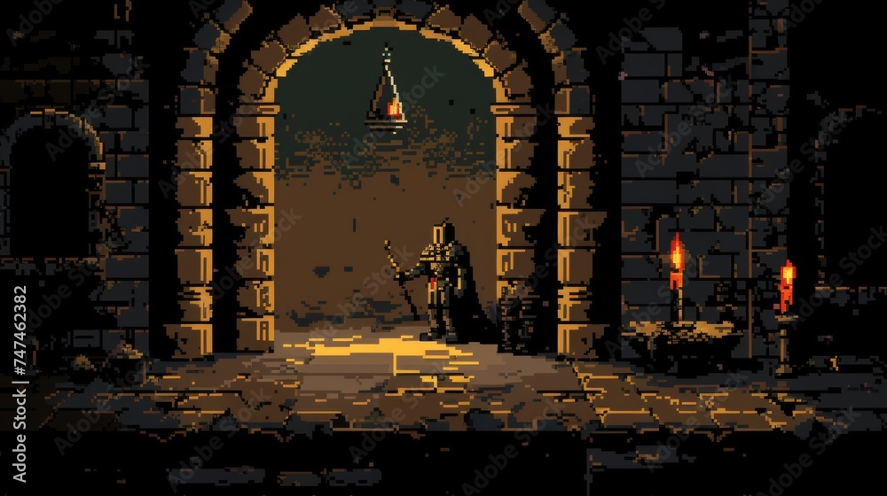 A 16-bit pixel art knight with a shield standing solemnly in a dimly ...