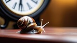 Snail in front of the clock on the table. The concept of time, slow, waiting, not hurrying. A place for the text.