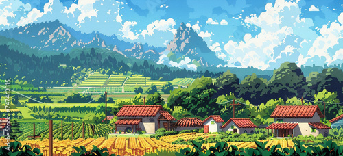 8-bit pixel art countryside farm depicting a peaceful farm scene with fields, flowers, and farmhouses