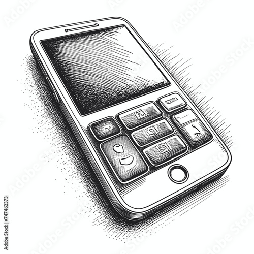 Phone ink sketch drawing, black and white, engraving style vector illustration photo