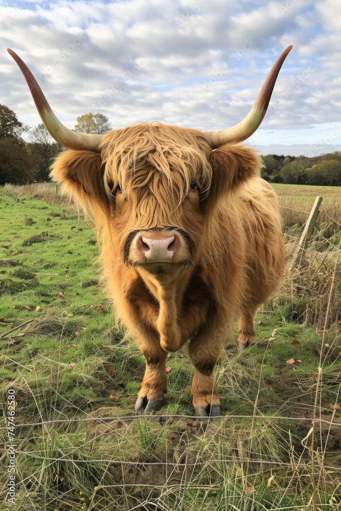 A brown cow standing on top of a lush green field. Perfect for agricultural concepts