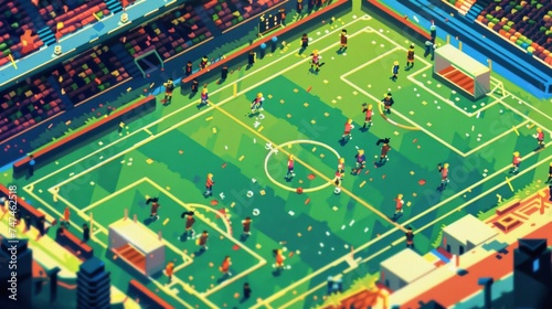 Dynamic 8-bit pixel art of a soccer match taking place in a brightly lit, packed stadium