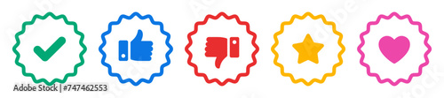 Like, dislike, tick, heart and star icon thumbs up and thumbs down social media symbol set colorful outline rounded zig zag style on white background. Feedback and rating thumbs - Vector Icon photo