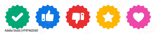 Like, dislike, tick, heart and star icon thumbs up and thumbs down social media symbol set colorful rounded zig zag style on white background. Feedback and rating thumbs - Vector Icon