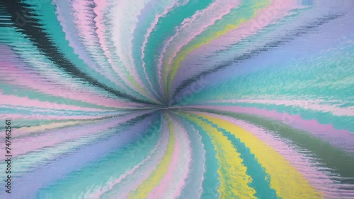 Rotating abstract background with gradient in pastel turquoise, pink and yellow colors. This image features a radial burst of color with a central vanishing point