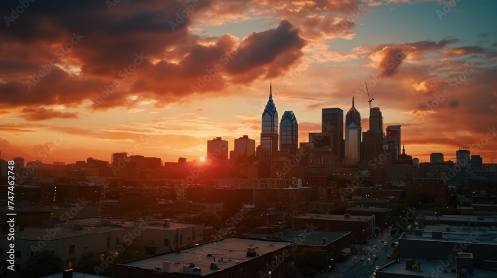 Obraz premium A stunning view of the sun setting over the city skyline. Perfect for cityscape and travel concepts