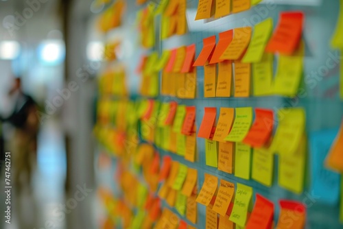 A wall covered in colorful post it notes with blurred people in the background. Suitable for office, brainstorming, and teamwork concepts