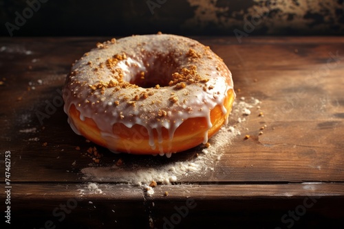 Detailed close-up photography of an exquisite doughnut on a metal tray against a rustic textured paper background. AI Generation
