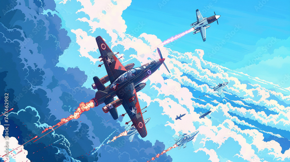 Naklejka premium Pixel art of classic planes engaging in an aerial dogfight against a backdrop of blue skies and fluffy clouds.