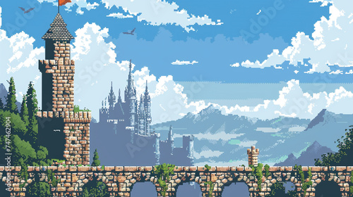 Colorful 16-bit pixel art castle perched atop an arch bridge with a scenic backdrop