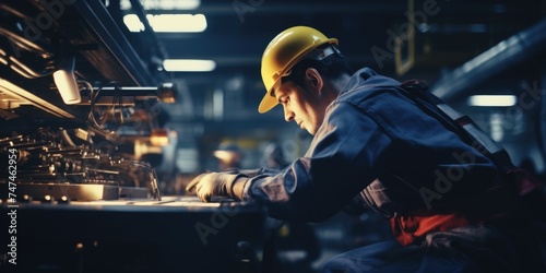 A man in a hard hat operating a machine. Suitable for industrial concepts