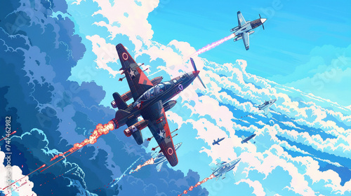 Photographie Pixel art of classic planes engaging in an aerial dogfight against a backdrop of blue skies and fluffy clouds