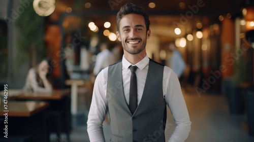 A man in a vest and tie standing in a restaurant. Suitable for business and restaurant themes